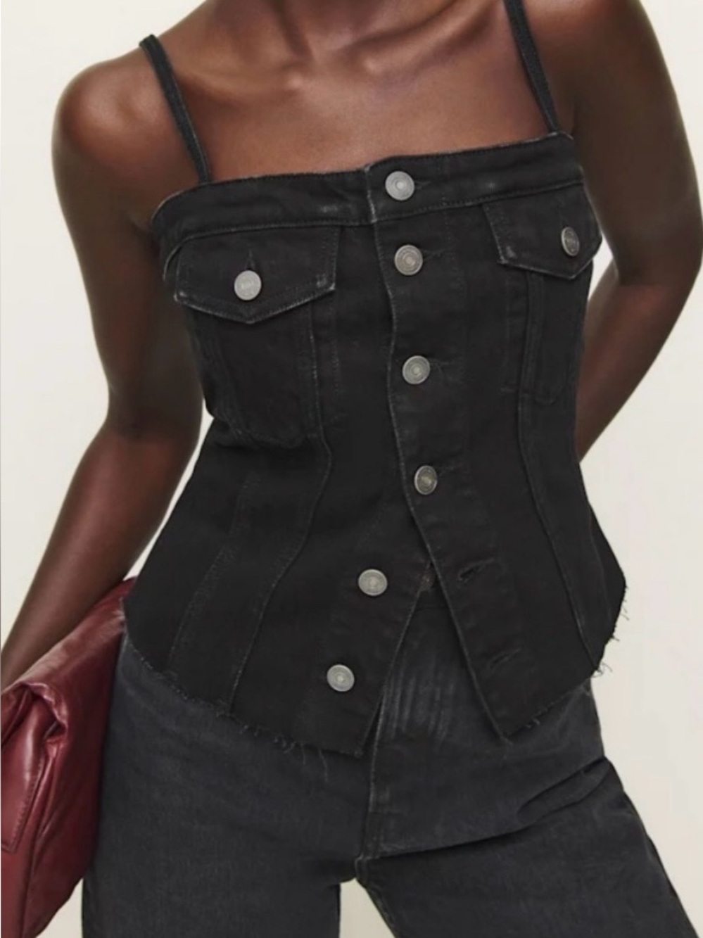 Reformation Black Denim Button-Front Corset Cami